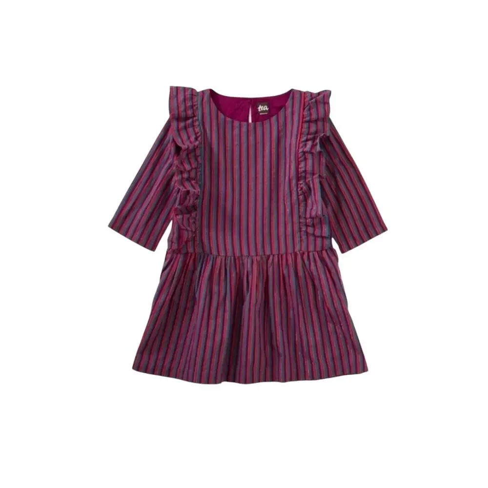 NEW Tea Collection Metallic Stripe Ruffle Dress Loganberry Size 10